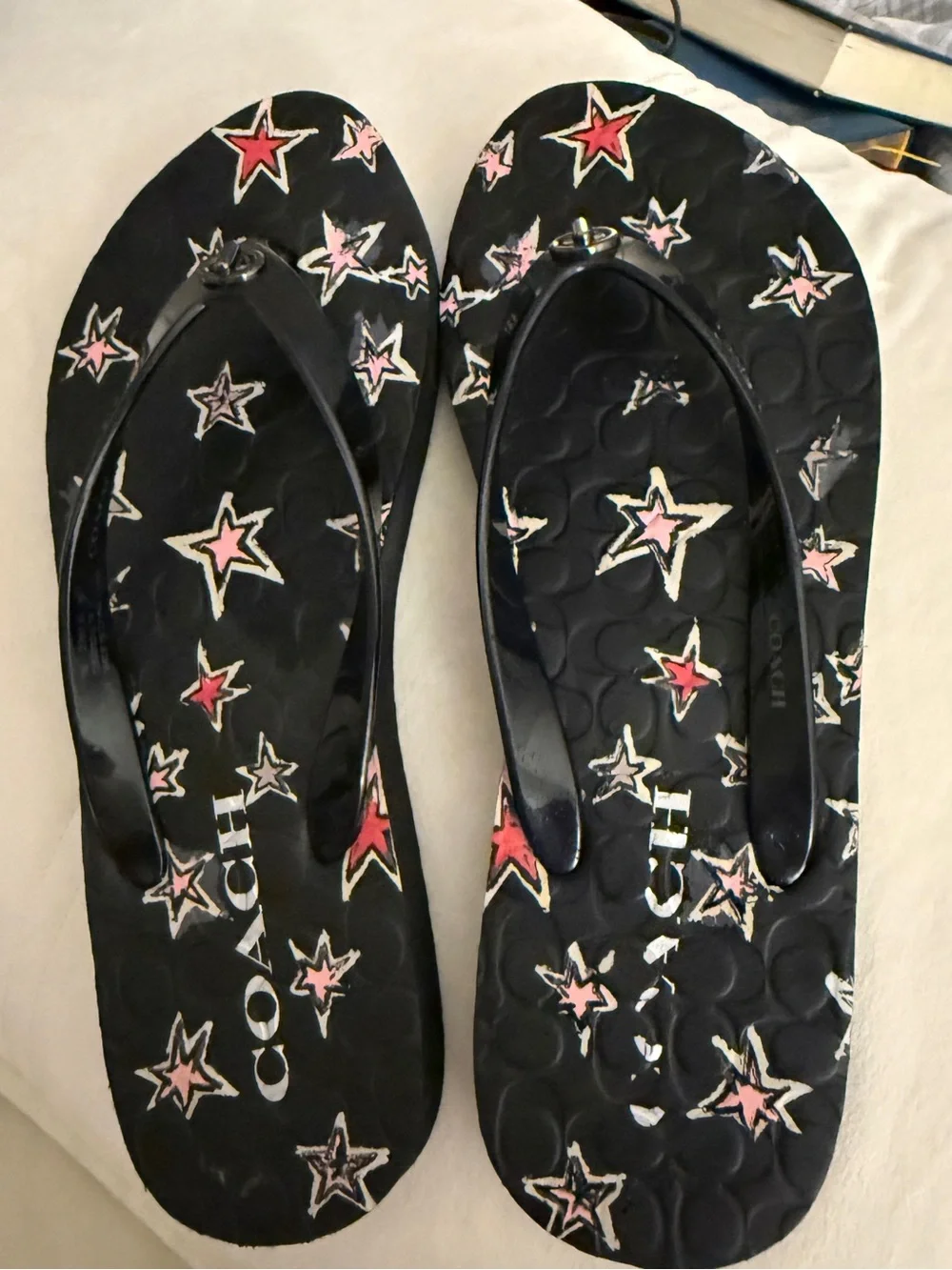COACH Black Flip Flops with Pink & Red Star Print
